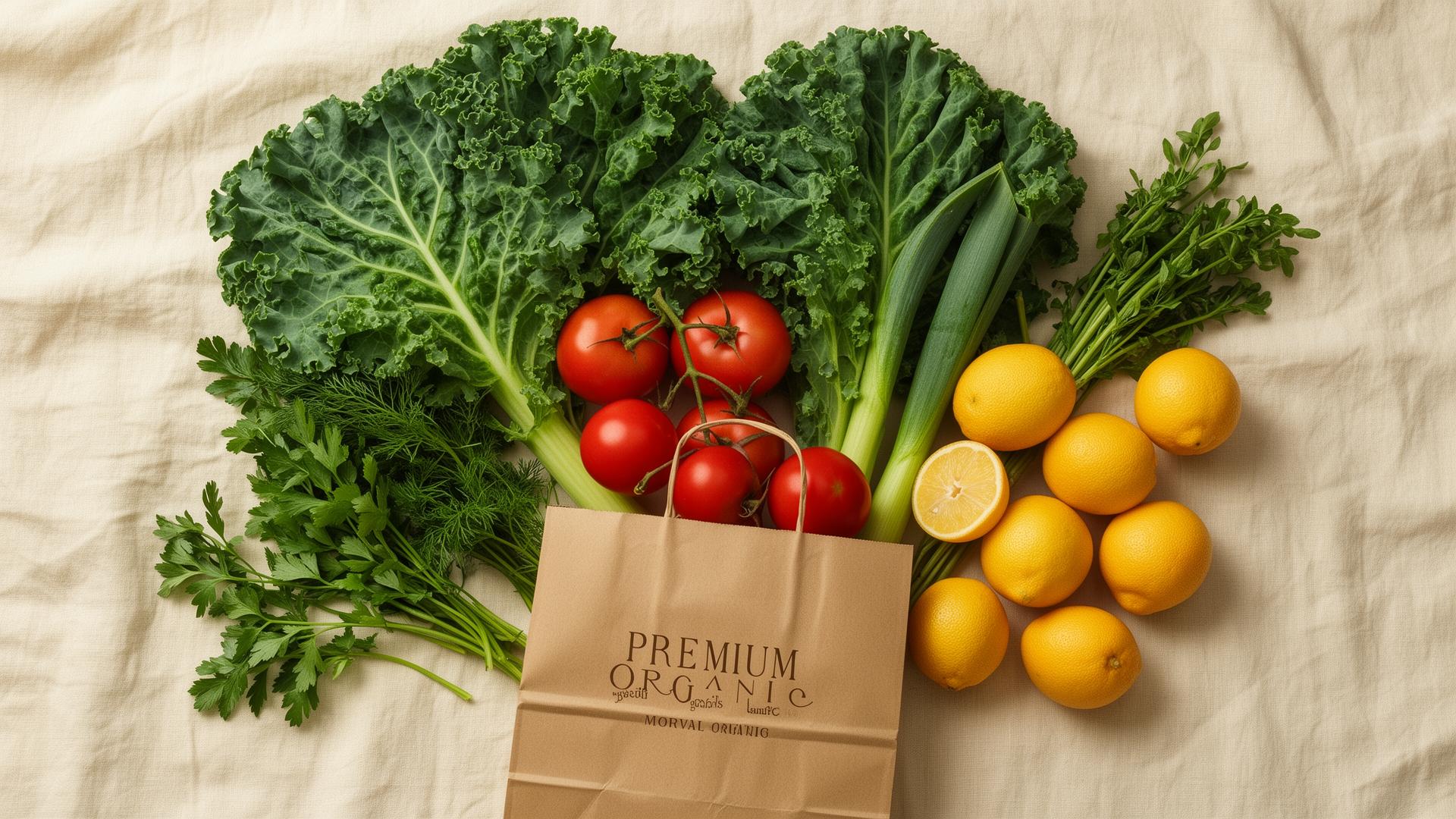 Fresh organic groceries — kale, tomatoes, herbs, citrus and a brown paper bag